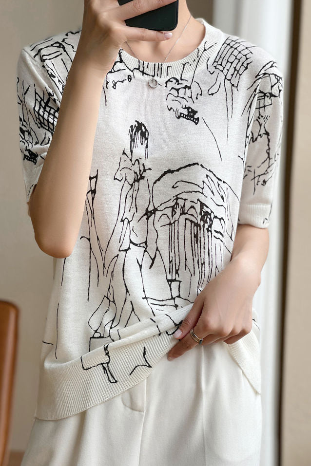 Loose printed knit T-shirt - liwisi