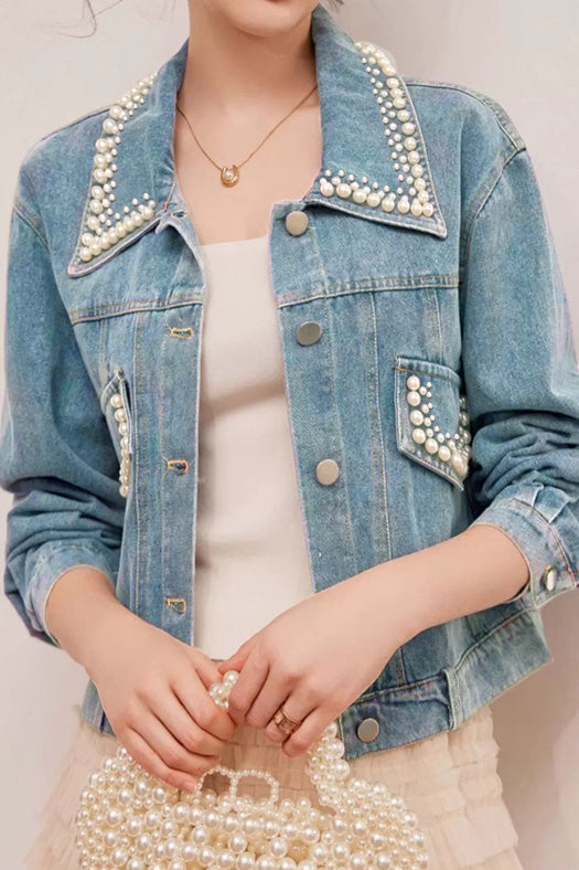 Elegant Pearl Beaded Denim Jacket - liwisi
