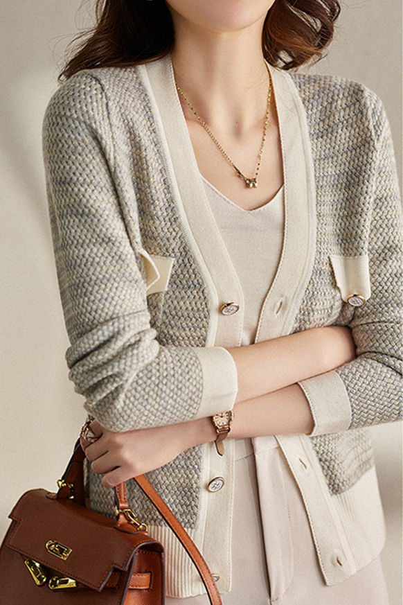 Elegant V-neck long-sleeved cardigan with pockets - liwisi