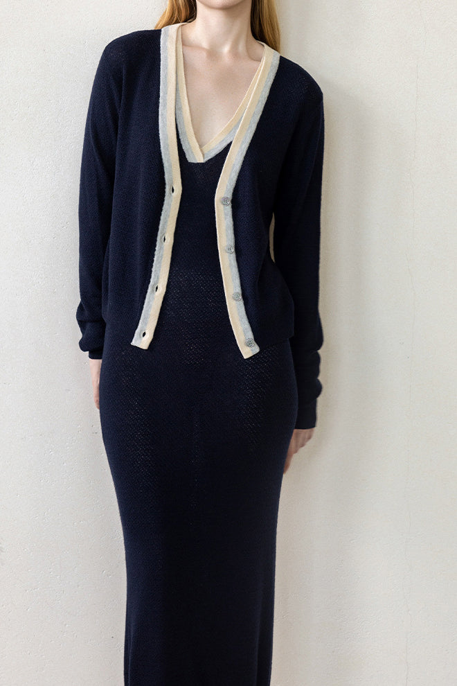 French color-block knitted dress and cardigan two-piece set - liwisi