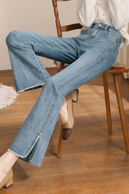 Elegant Office Pearl-Decorated Split-Hem Stretch Bootcut Jeans - liwisi