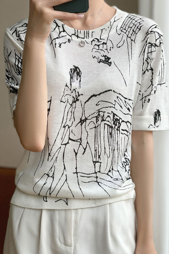 Loose printed knit T-shirt - liwisi