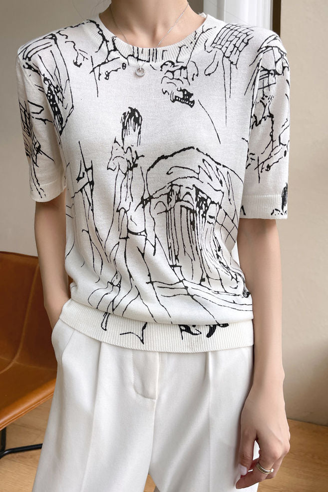 Loose printed knit T-shirt - liwisi
