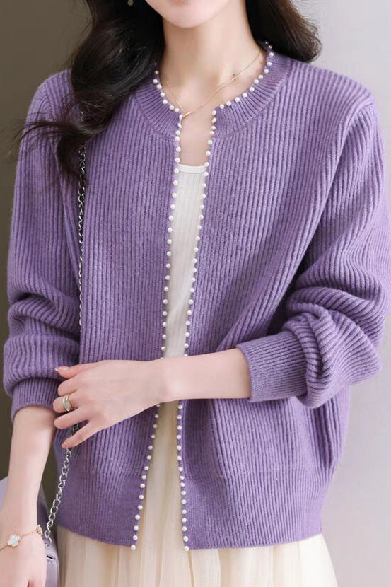 Pearl-decorated knitted sweater cardigan - liwisi
