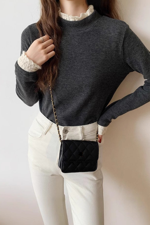 Fleece-lined knitted shirt with lace trim. - liwisi