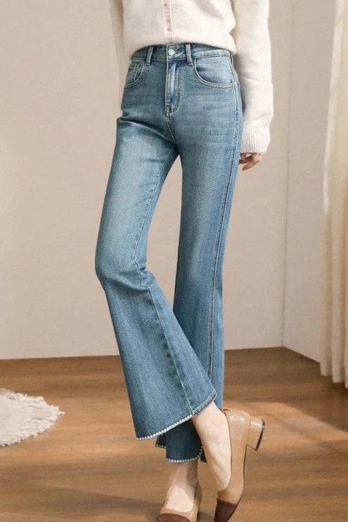 Elegant Office Pearl-Decorated Split-Hem Stretch Bootcut Jeans - liwisi