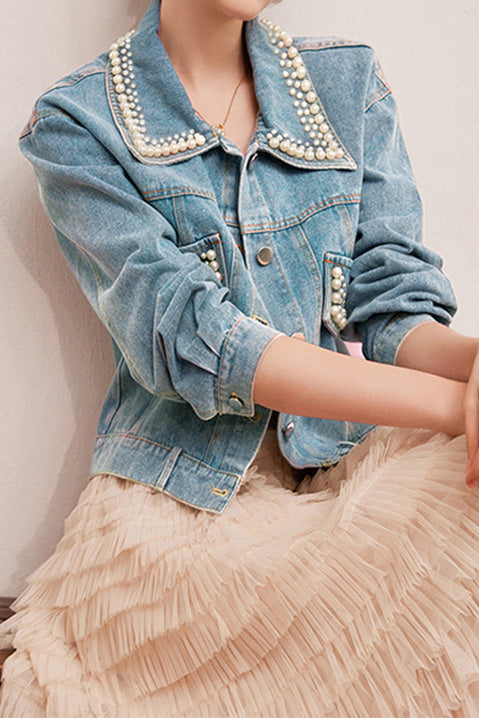 Elegant Pearl Beaded Denim Jacket - liwisi