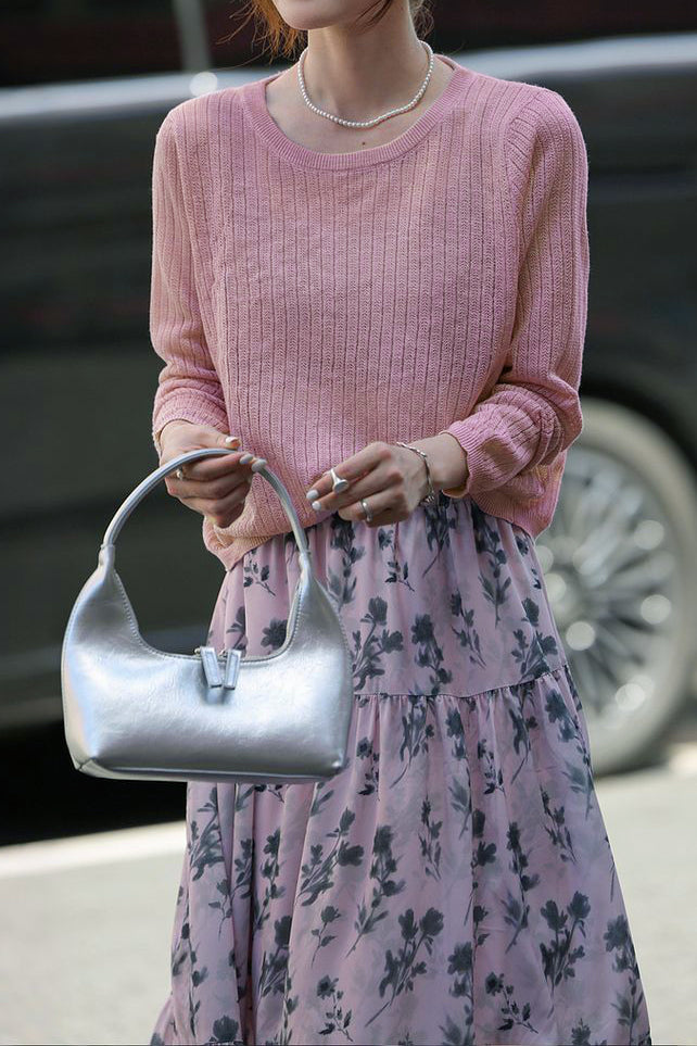 Soft Casual Knit Crewneck Top & Printed Midi Skirt Two-Piece Set - liwisi