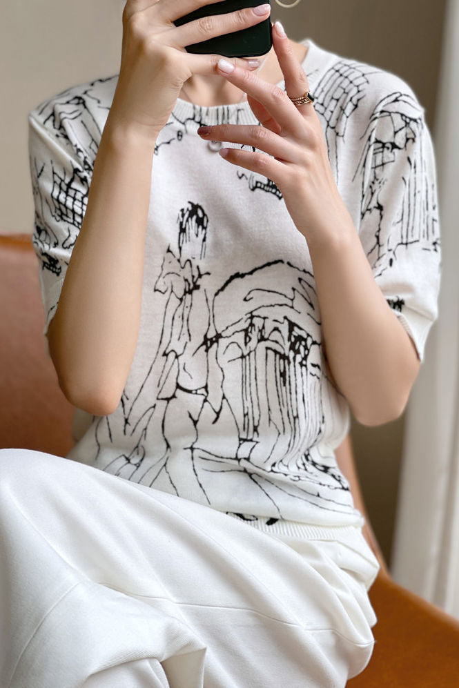 Loose printed knit T-shirt - liwisi