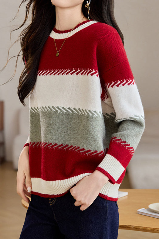 Contrast color striped loose sweater - liwisi