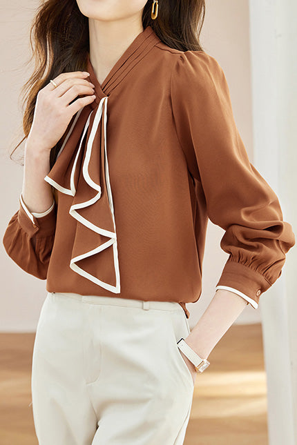 French Scarf-Accent Long-Sleeve Blouse - liwisi