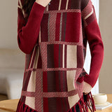 Casual Color-Block Plaid Fringed Pullover Sweater