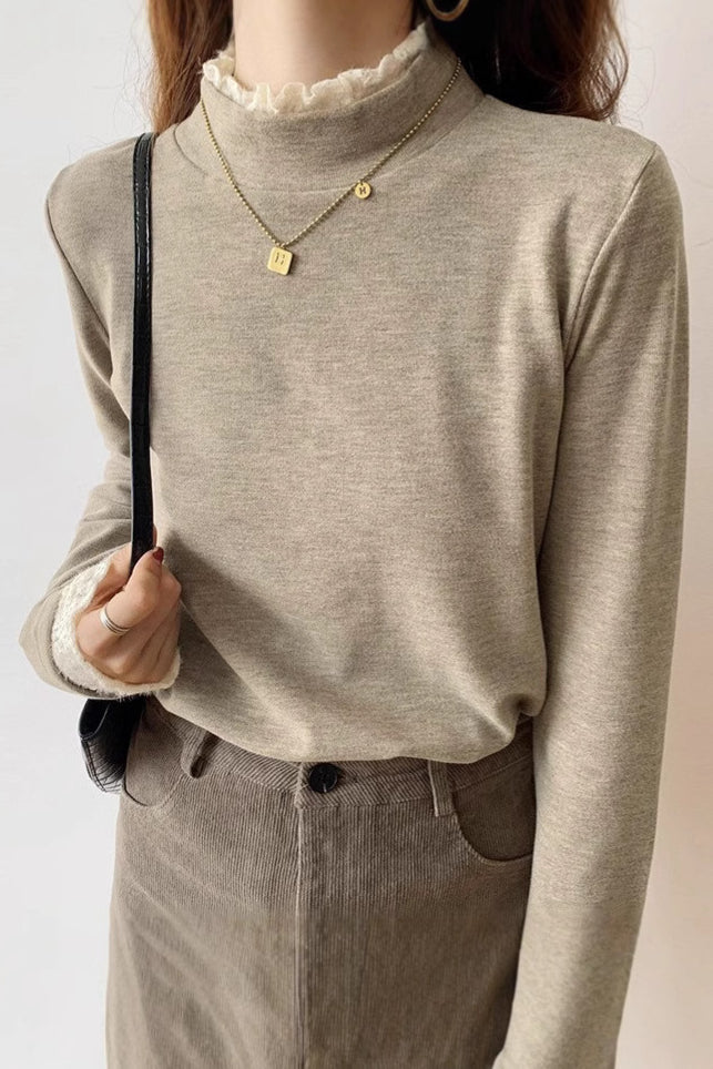Fleece-lined knitted shirt with lace trim. - liwisi