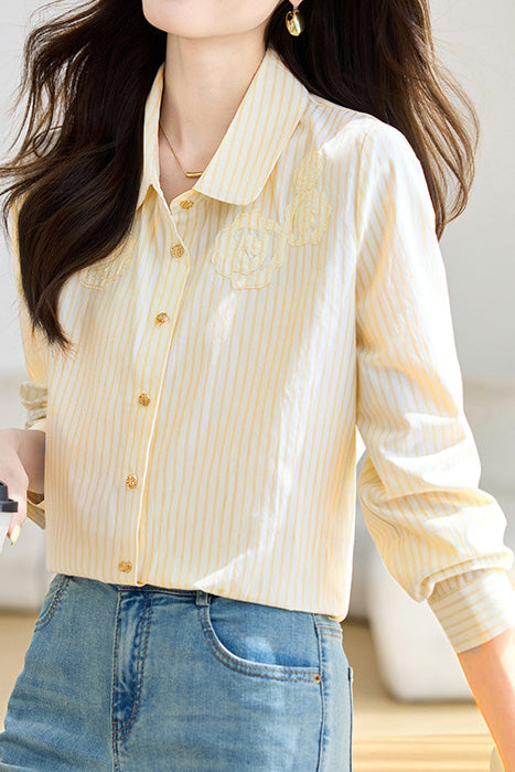 French Floral Patchwork Vertical Stripe Shirt - liwisi