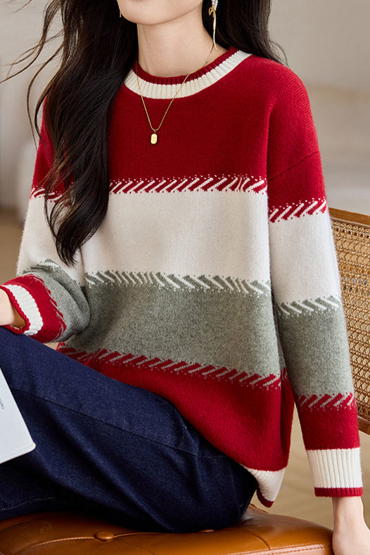 Contrast color striped loose sweater - liwisi