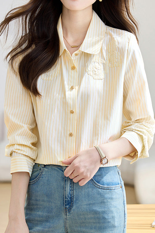 French Floral Patchwork Vertical Stripe Shirt - liwisi