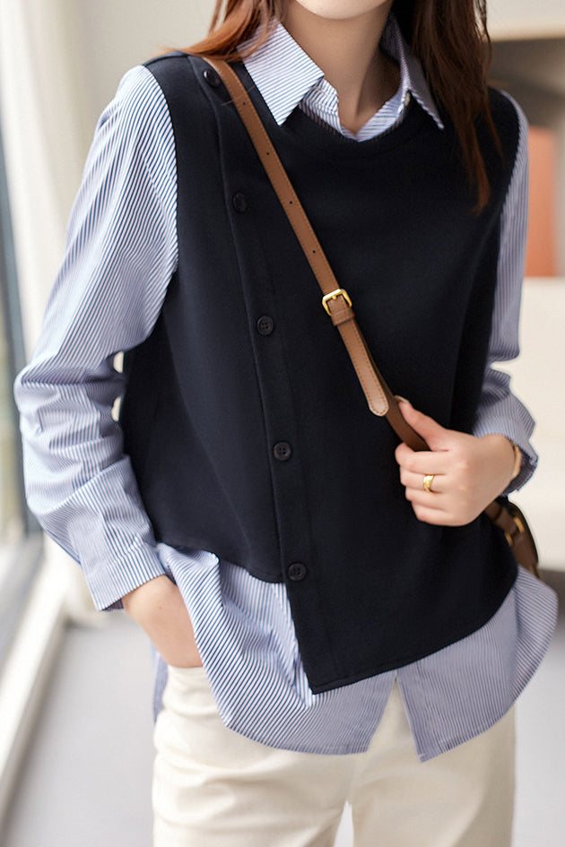 Knitted spliced fake two-piece striped shirt - liwisi