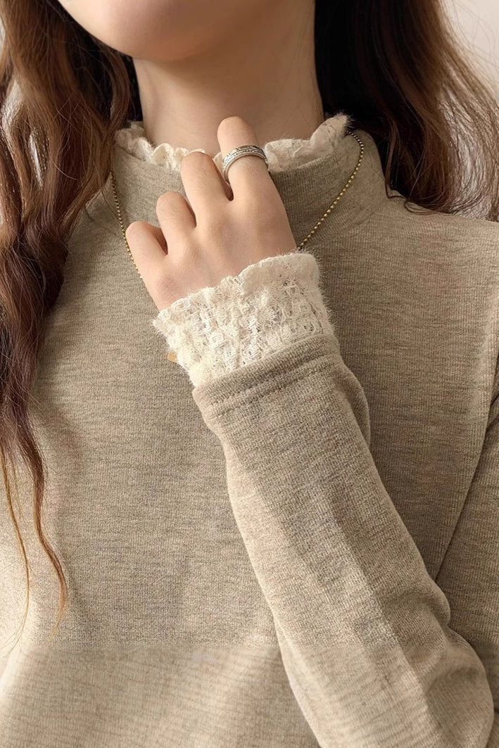 Fleece-lined knitted shirt with lace trim. - liwisi