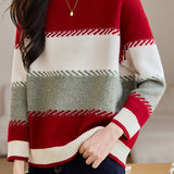 Contrast color striped loose sweater - liwisi