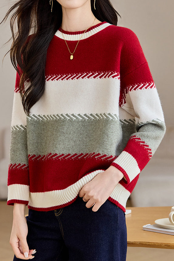 Contrast color striped loose sweater - liwisi