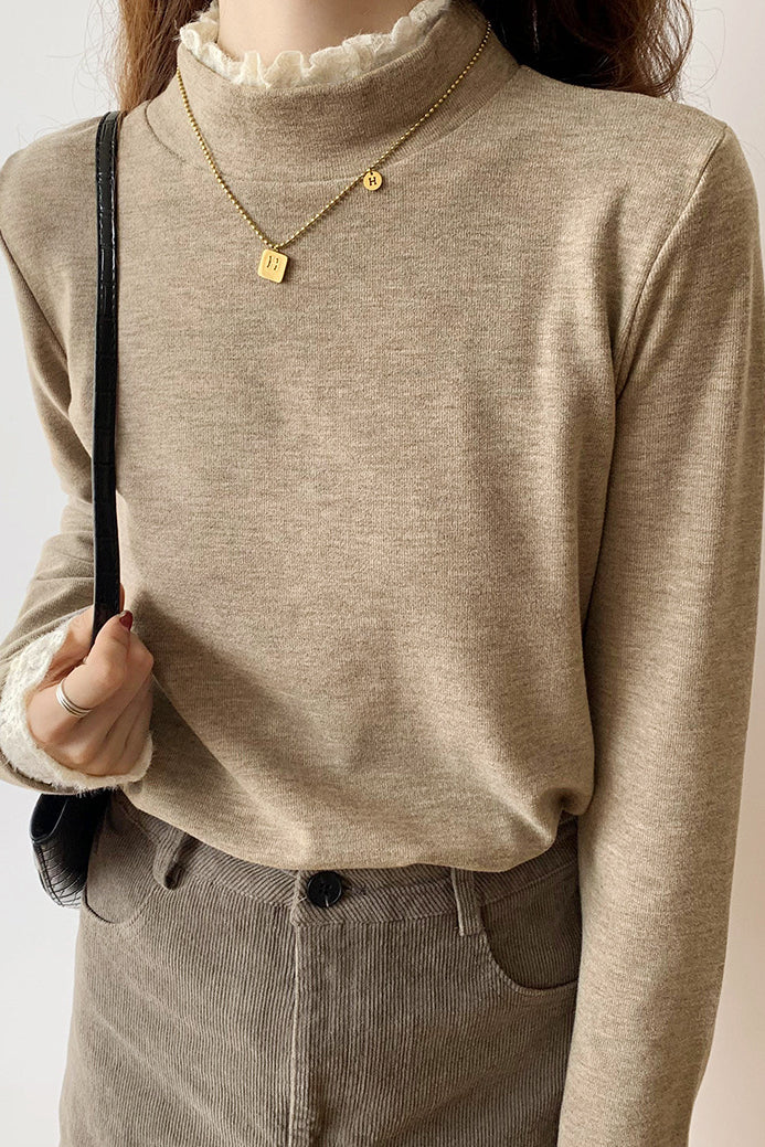 Fleece-lined knitted shirt with lace trim. - liwisi