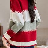 Contrast color striped loose sweater - liwisi