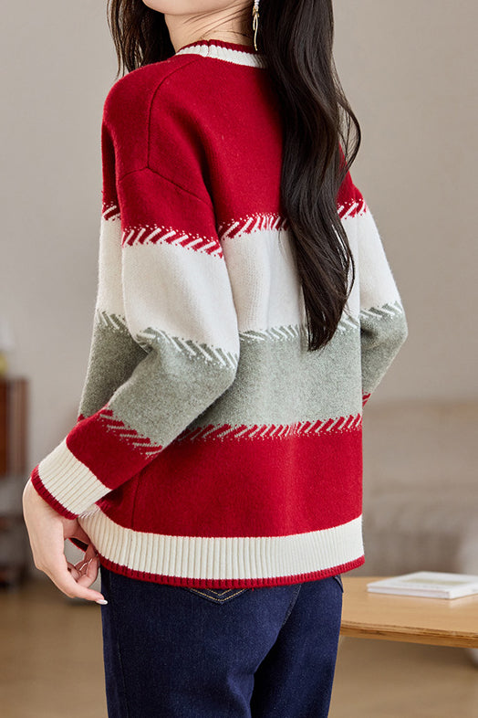 Contrast color striped loose sweater - liwisi
