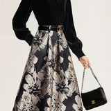 Elegant Velvet-Paneled Jacquard A-Line Dress