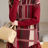 Casual Color-Block Plaid Fringed Pullover Sweater