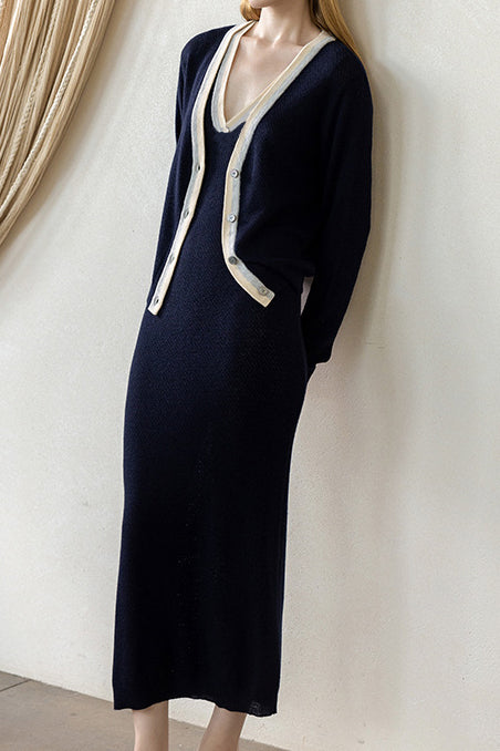 French color-block knitted dress and cardigan two-piece set - liwisi