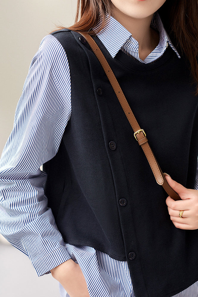 Knitted spliced fake two-piece striped shirt - liwisi