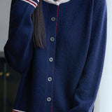 Casual Versatile Crew Neck Color-Block Loose Knitted Cardigan