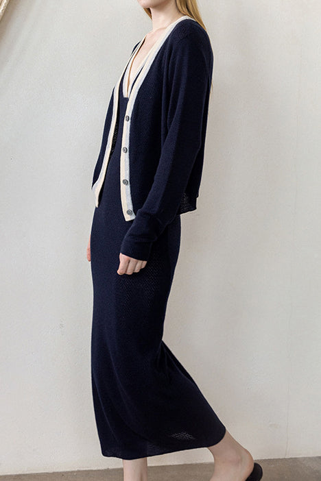 French color-block knitted dress and cardigan two-piece set - liwisi