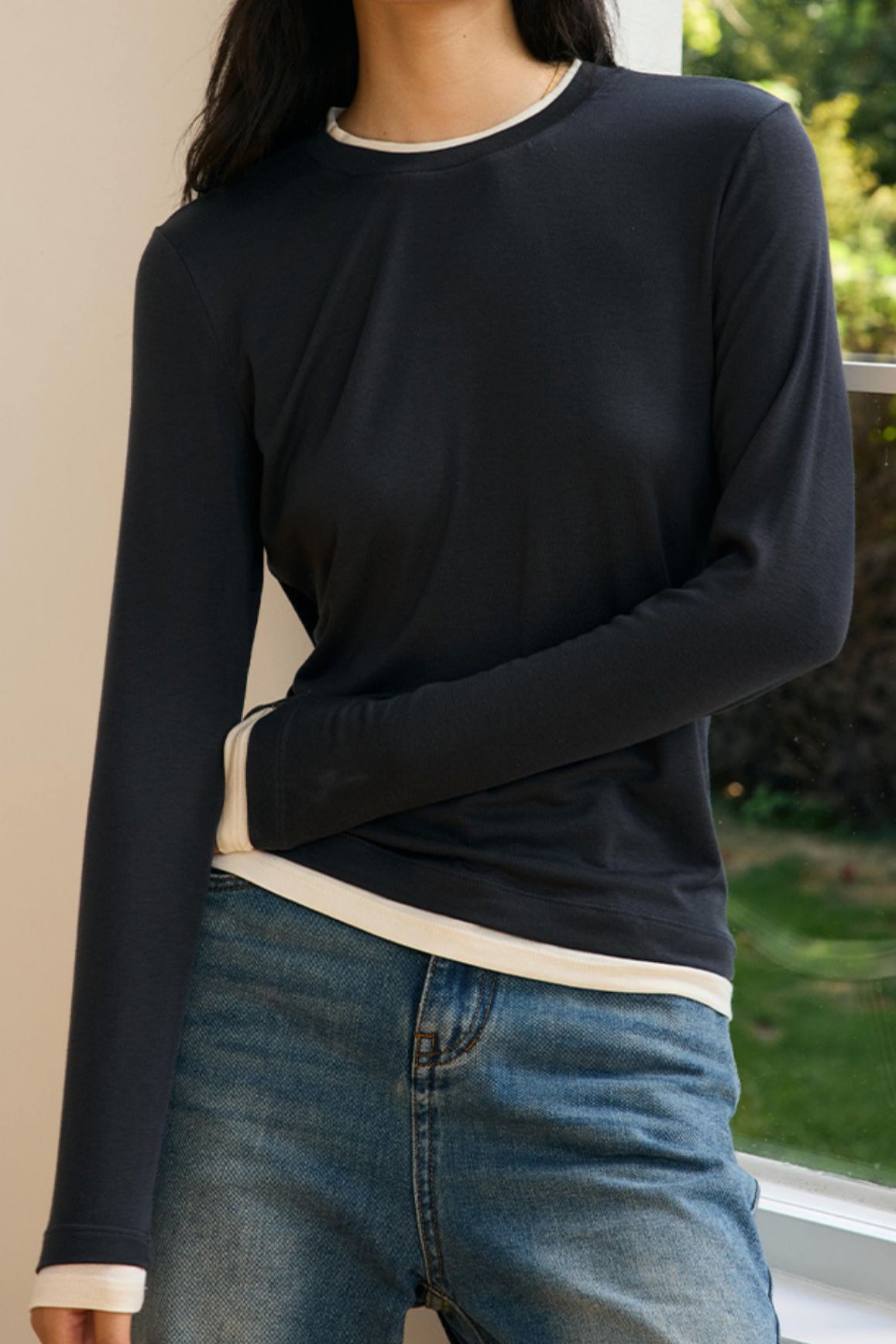 Fake two-piece round-neck knitted sweater - liwisi
