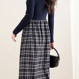 Elegant Retro Knitted Paneled Brushed Plaid Dress