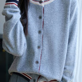 Casual Versatile Crew Neck Color-Block Loose Knitted Cardigan