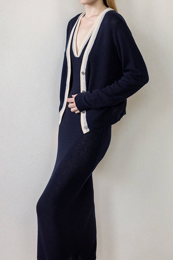French color-block knitted dress and cardigan two-piece set - liwisi