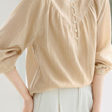Temperament Retro Crew Neck Single-Breasted Long-Sleeve Shirt