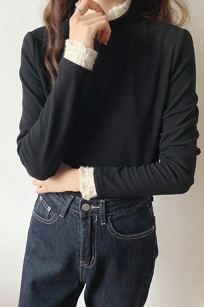Fleece-lined knitted shirt with lace trim. - liwisi