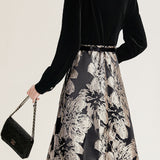 Elegant Velvet-Paneled Jacquard A-Line Dress