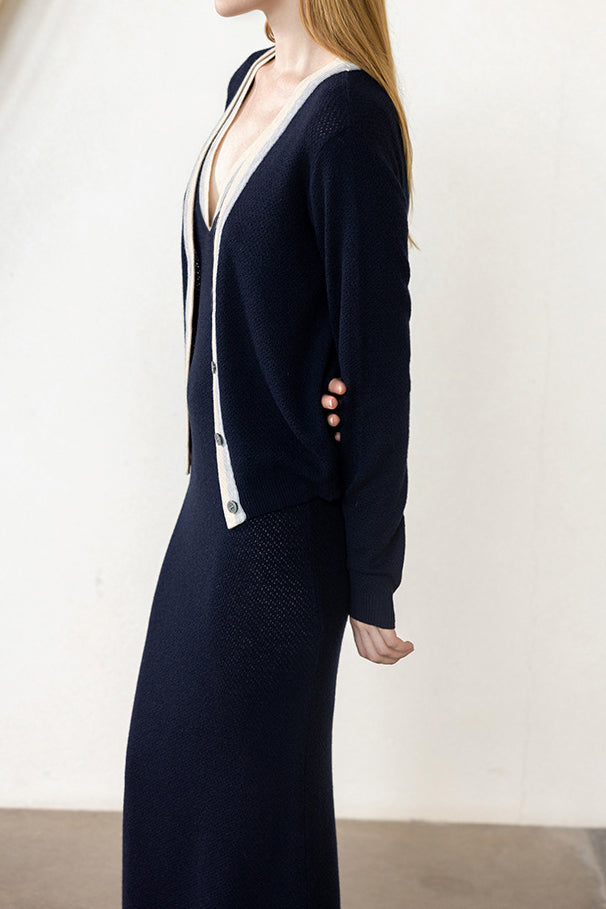 French color-block knitted dress and cardigan two-piece set - liwisi