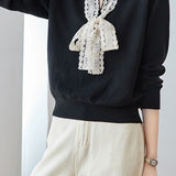 Elegant Lace Ribbon Long-Sleeve Knitted Top