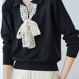 Elegant Lace Ribbon Long-Sleeve Knitted Top