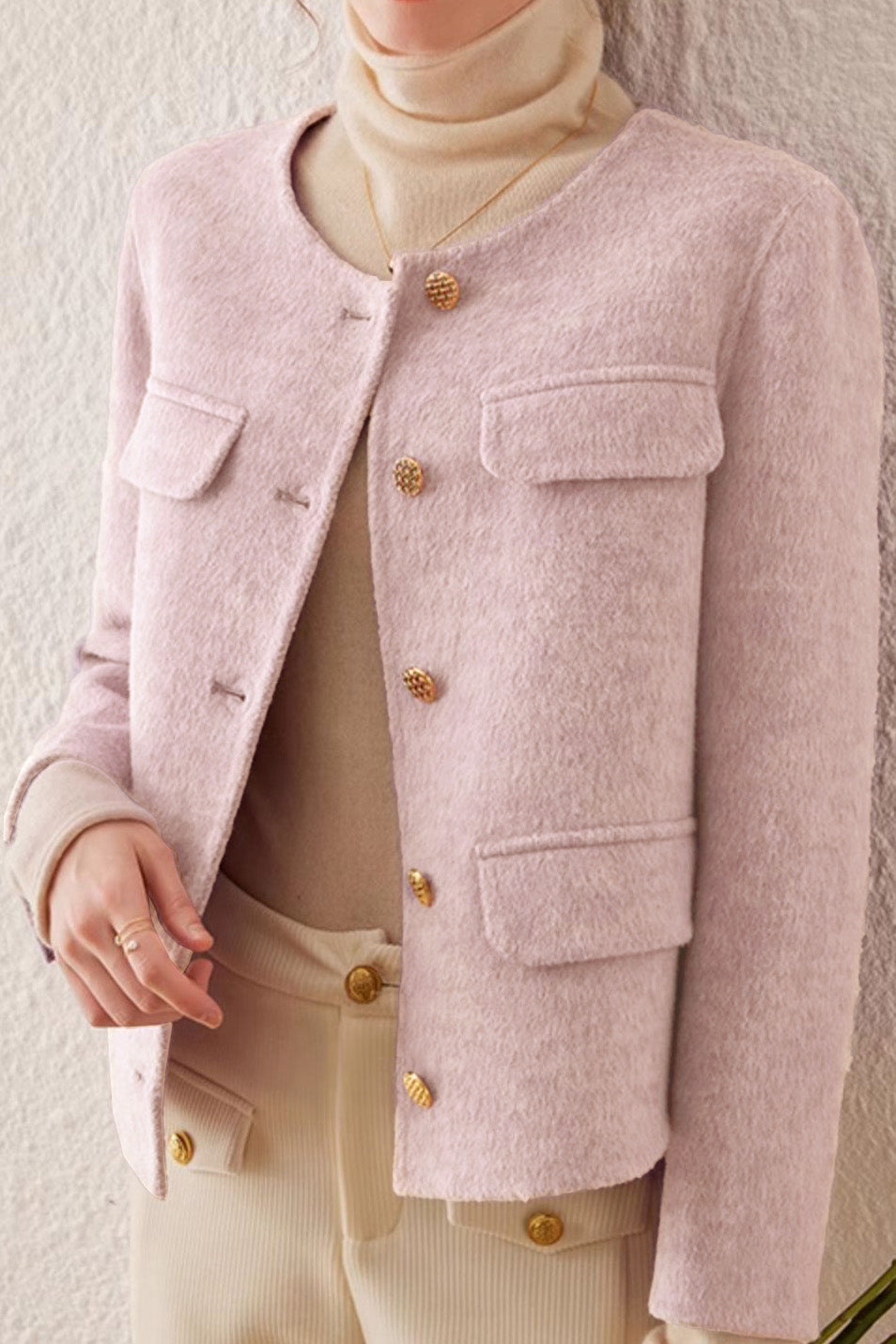 Elegant Round Neck Open-Front Short Double-Faced Wool Coat - liwisi