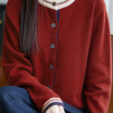 Casual Versatile Crew Neck Color-Block Loose Knitted Cardigan