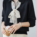Elegant Lace Ribbon Long-Sleeve Knitted Top