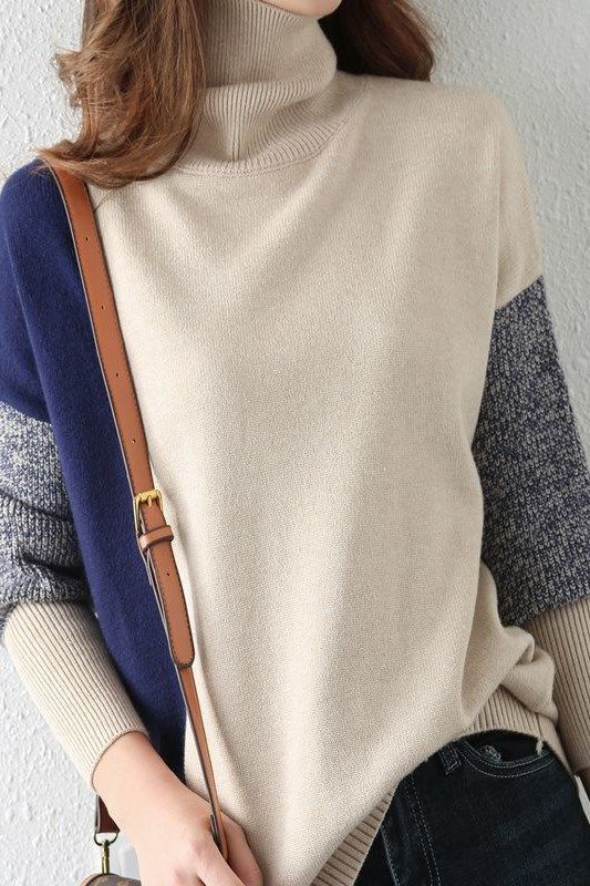 Contrast Turtleneck Leisure Knitted Sweater - liwisi