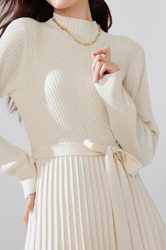 Bottle Neck Pleated Docking Knit Dress - 2 Colors Available - liwisi