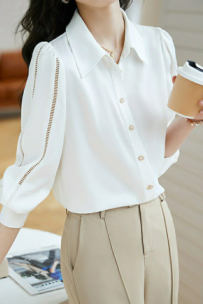 Simple Design Fagoting Sleeve Shirt - liwisi