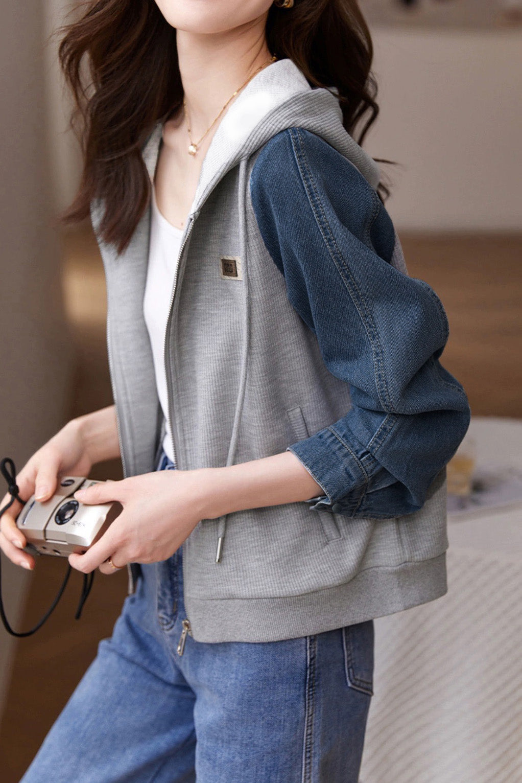 Hooded Zip-Up Denim Contrast Jacket - liwisi